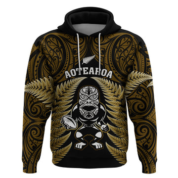 New Zealand Aotearoa Rugby Hoodie NZ Tiki With Maori Fern World Cup Gold Version LT14