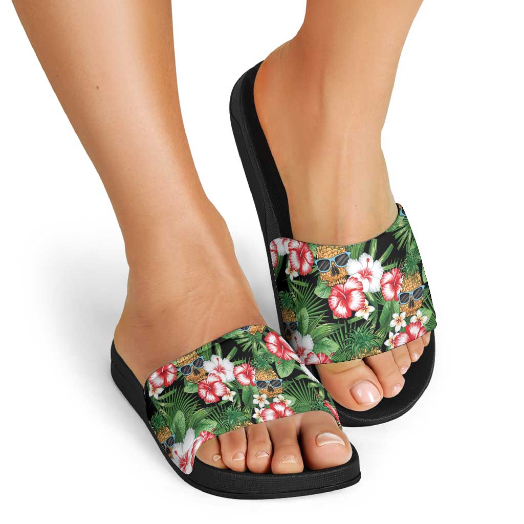 Pineapple Skull Aloha Hawaii Slide Sandals Summer Vibes Tropical Seamless Pattern LT14