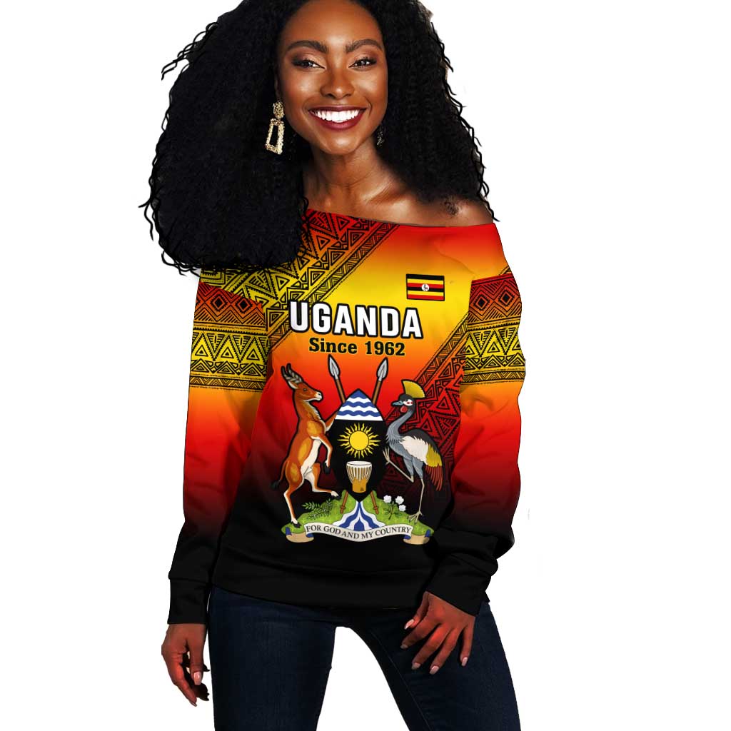Personalised Uganda Independence Day Off Shoulder Sweater Jamhuri ya Uganda Coat Of Arms LT14