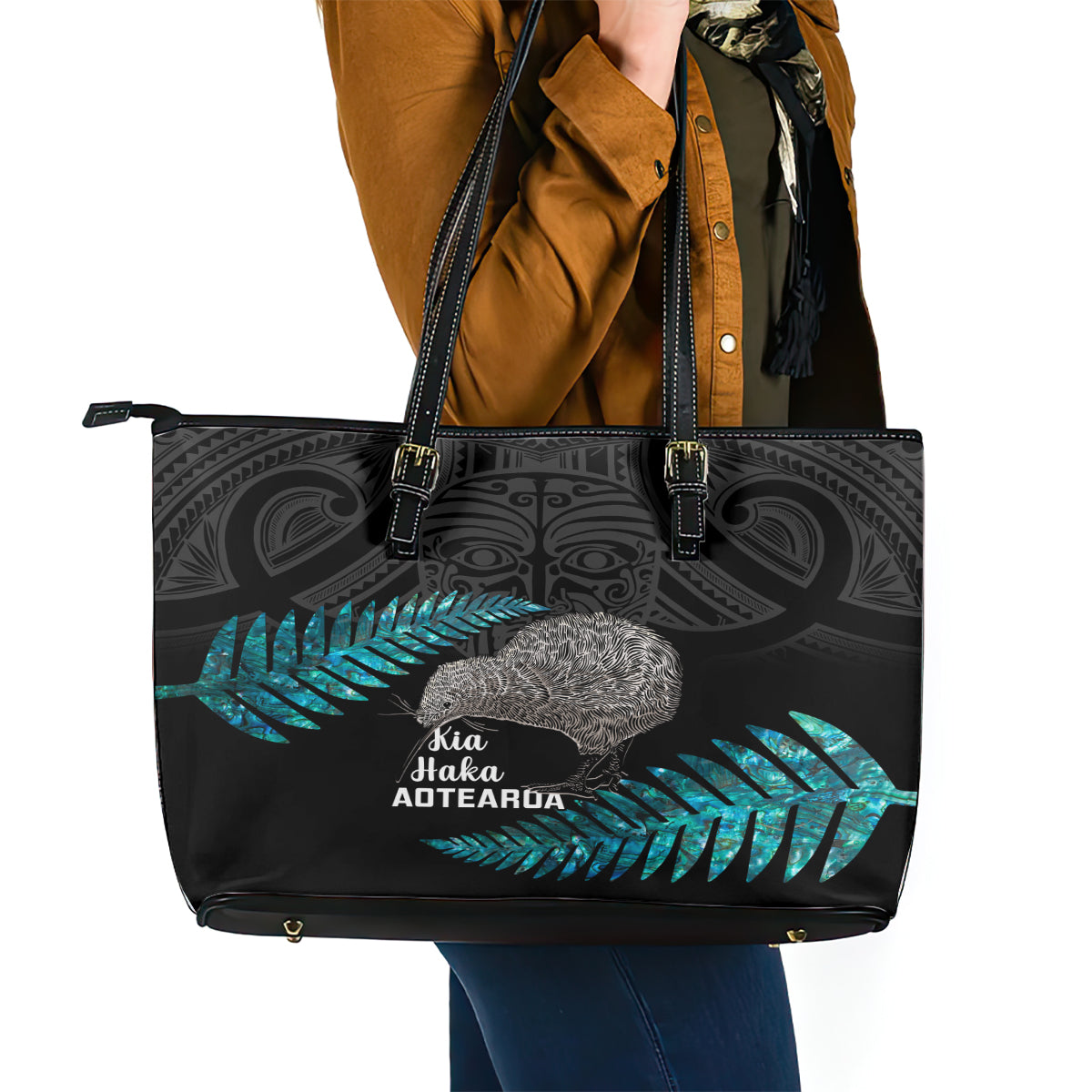 New Zealand Silver Fern Rugby Leather Tote Bag Pacific 2023 Kia Haka Kiwis With Maori Ta Moko LT14
