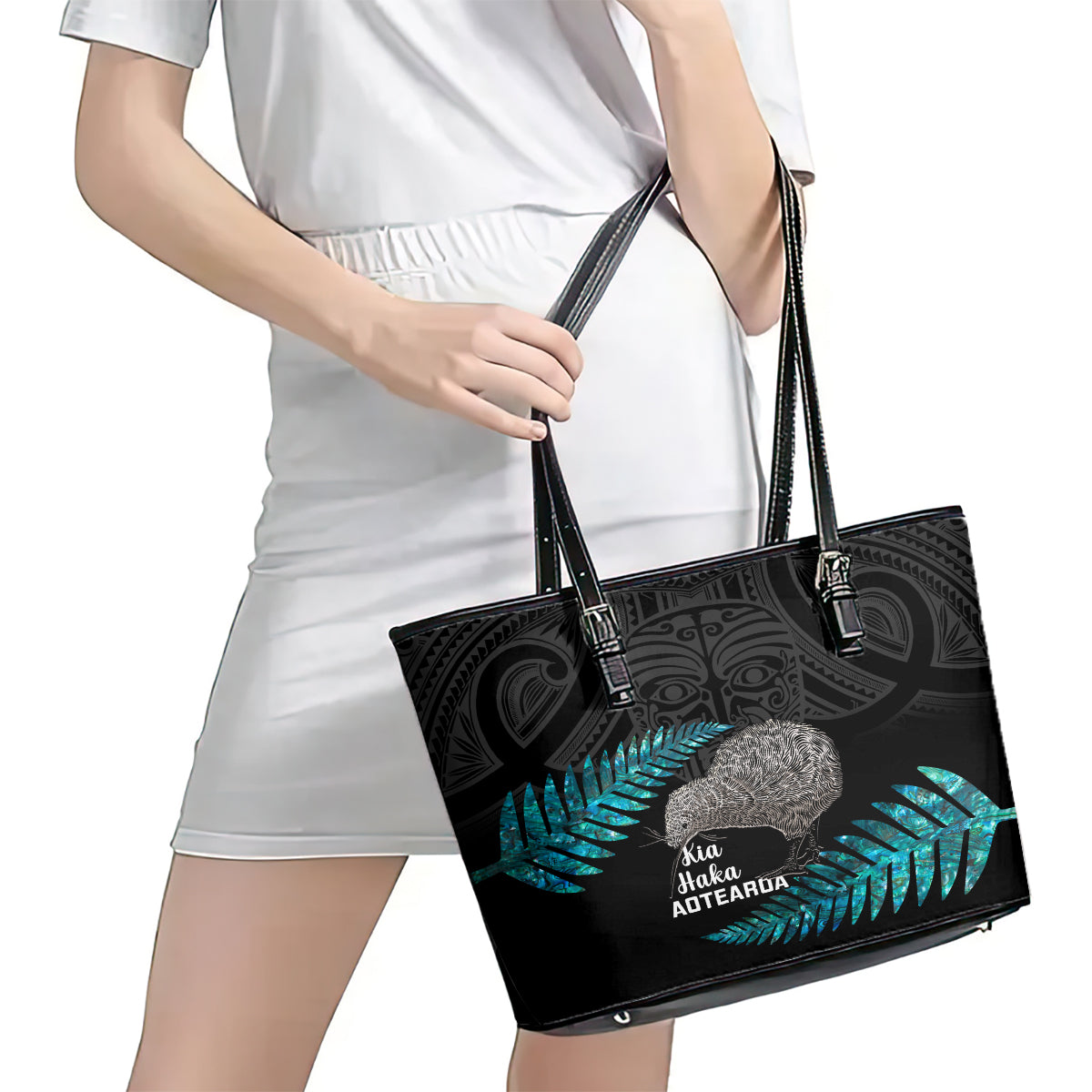 New Zealand Silver Fern Rugby Leather Tote Bag Pacific 2023 Kia Haka Kiwis With Maori Ta Moko LT14