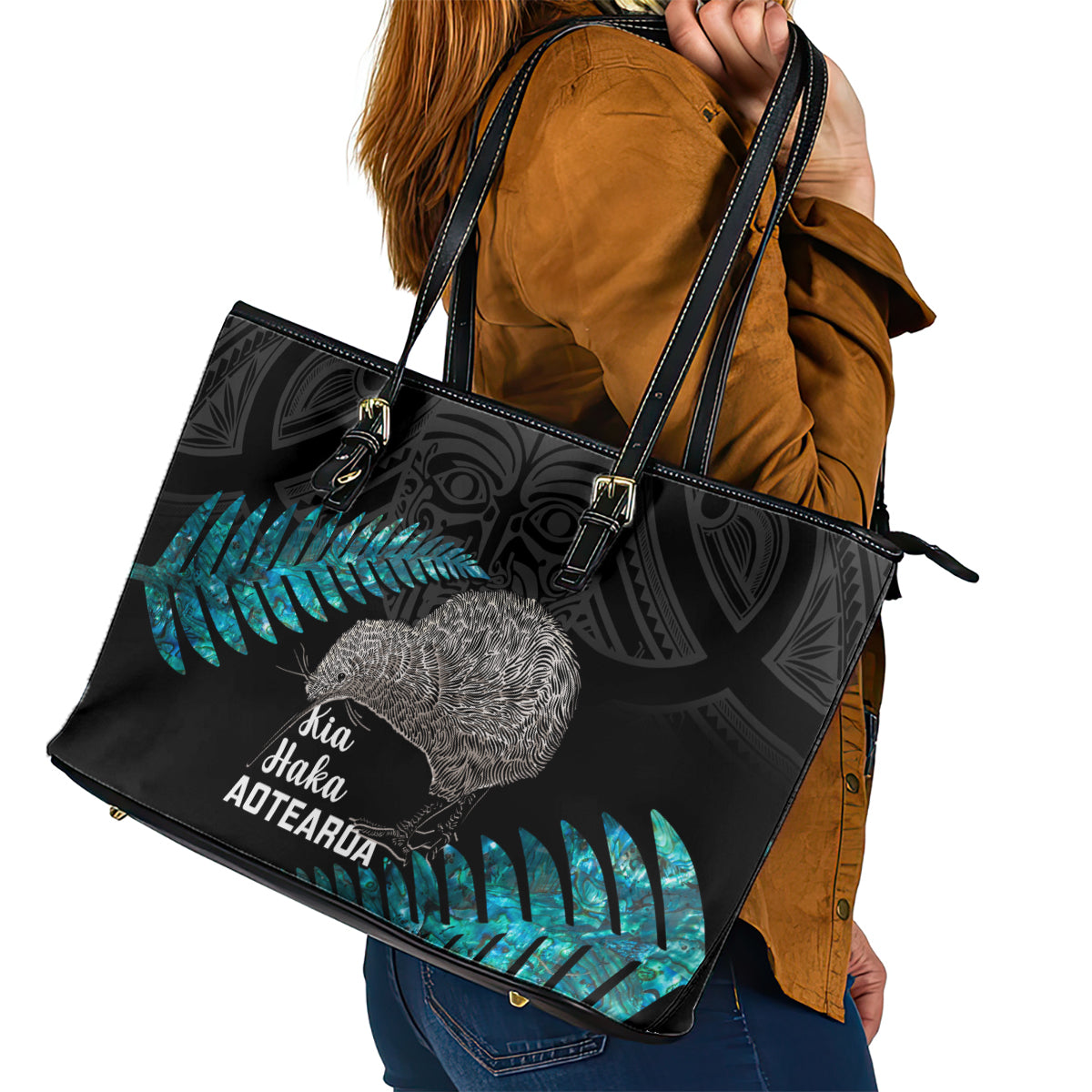 New Zealand Silver Fern Rugby Leather Tote Bag Pacific 2023 Kia Haka Kiwis With Maori Ta Moko LT14