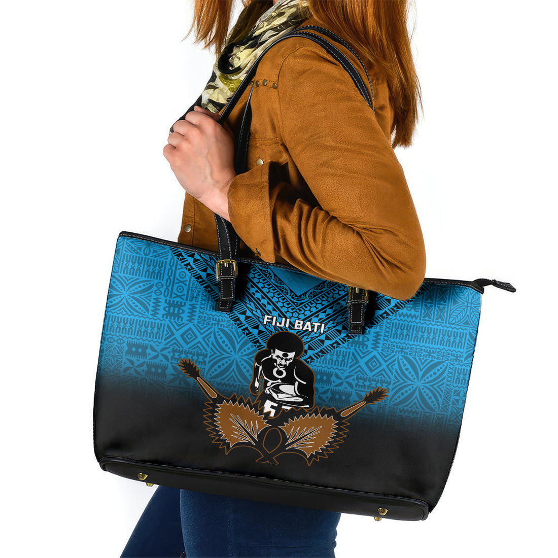 Fiji Tapa Rugby Leather Tote Bag Pacific 2023 Go Fijian Bati LT14