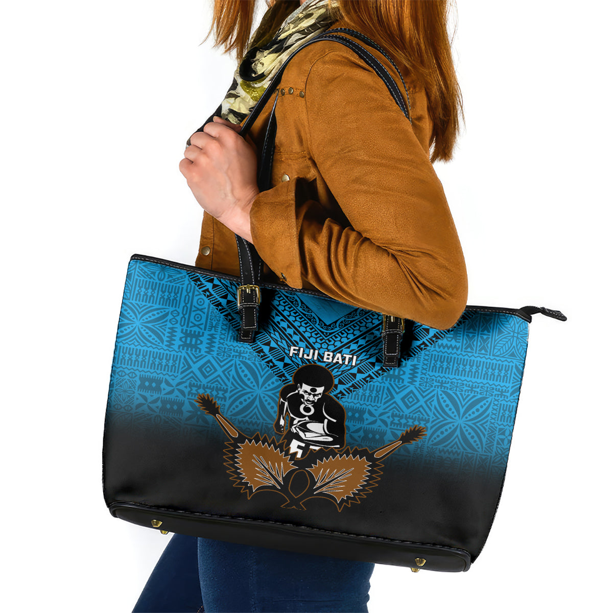 Fiji Tapa Rugby Leather Tote Bag Pacific 2023 Go Fijian Bati LT14