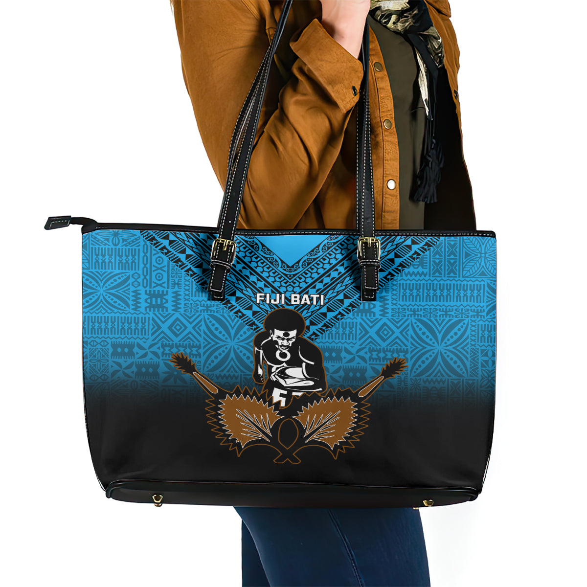 Fiji Tapa Rugby Leather Tote Bag Pacific 2023 Go Fijian Bati LT14