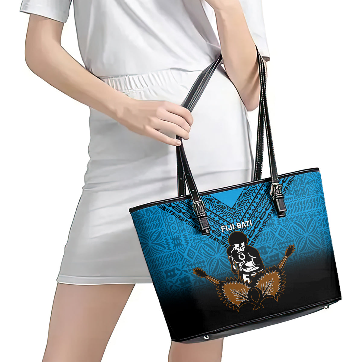 Fiji Tapa Rugby Leather Tote Bag Pacific 2023 Go Fijian Bati LT14