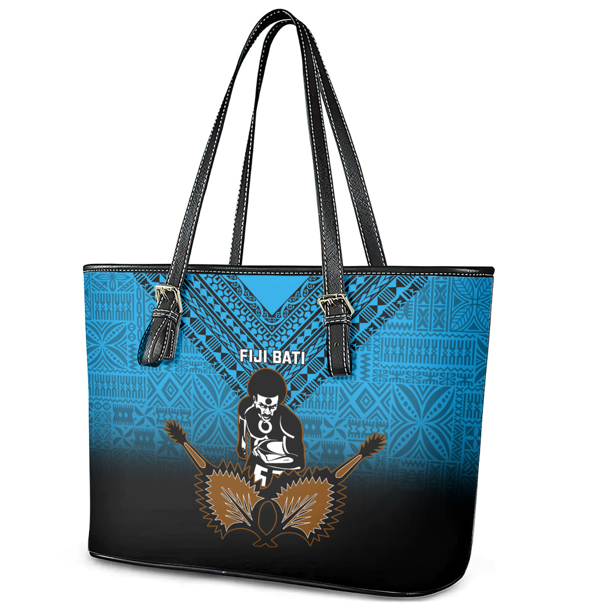 Fiji Tapa Rugby Leather Tote Bag Pacific 2023 Go Fijian Bati LT14