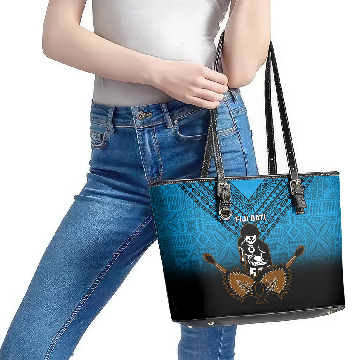 Fiji Tapa Rugby Leather Tote Bag Pacific 2023 Go Fijian Bati LT14