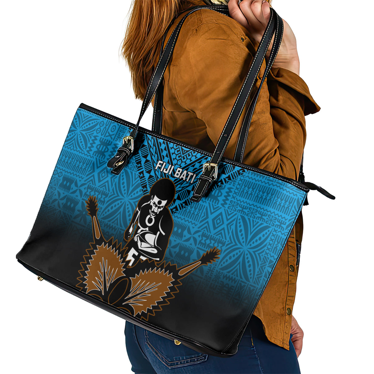 Fiji Tapa Rugby Leather Tote Bag Pacific 2023 Go Fijian Bati LT14