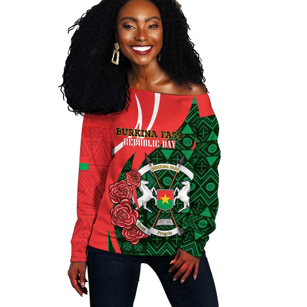 Personalized Burkina Faso Republic Day Off Shoulder Sweater Bogolan Mudcloth - Coat Of Arms Design LT14