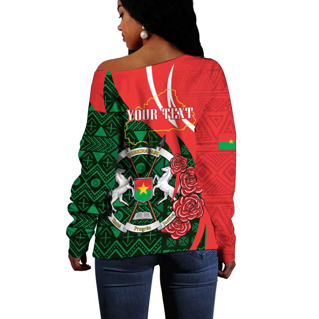 Personalized Burkina Faso Republic Day Off Shoulder Sweater Bogolan Mudcloth - Coat Of Arms Design LT14