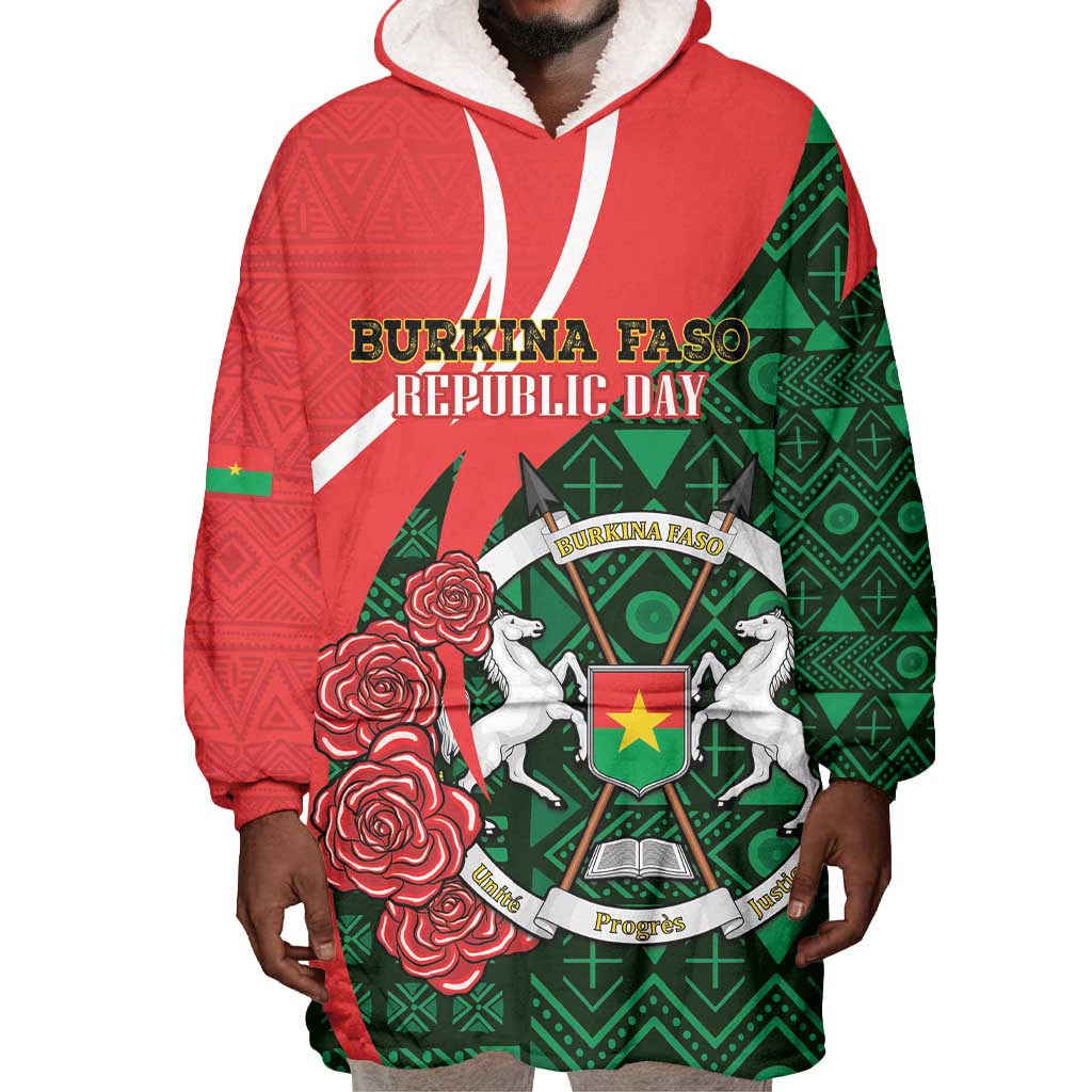 Personalized Burkina Faso Republic Day Wearable Blanket Hoodie Bogolan Mudcloth - Coat Of Arms Design LT14