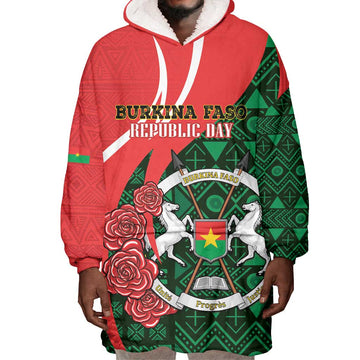 Personalized Burkina Faso Republic Day Wearable Blanket Hoodie Bogolan Mudcloth - Coat Of Arms Design LT14