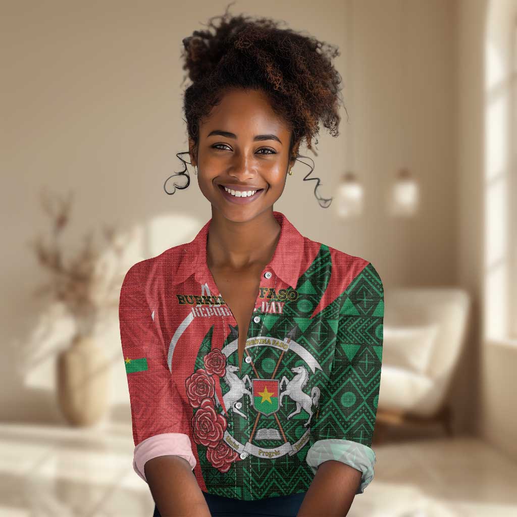 Personalized Burkina Faso Republic Day Women Casual Shirt Bogolan Mudcloth - Coat Of Arms Design LT14