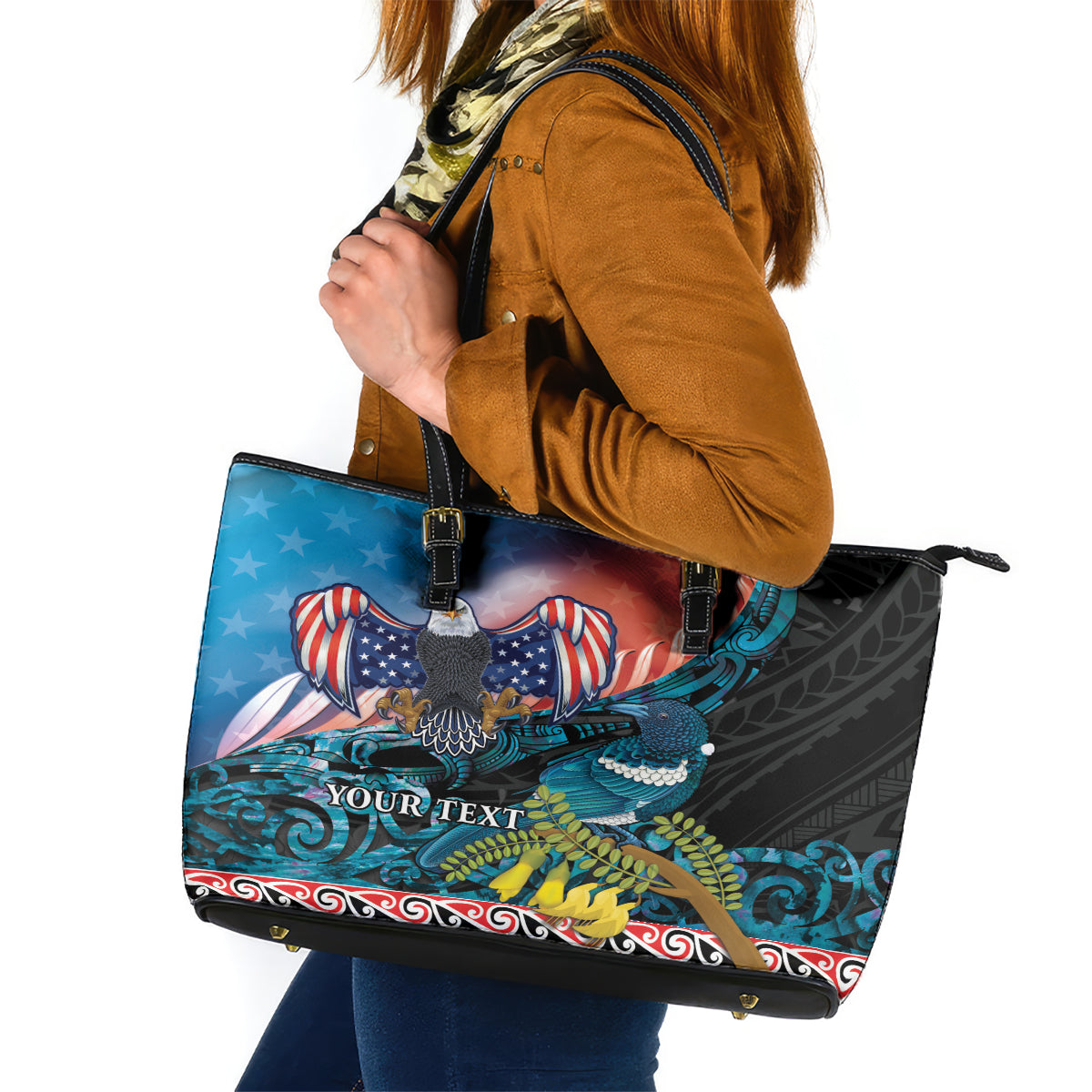 Personalised United States And New Zealand Leather Tote Bag USA Eagle With Kowhai Aotearoa Tui Bird LT14