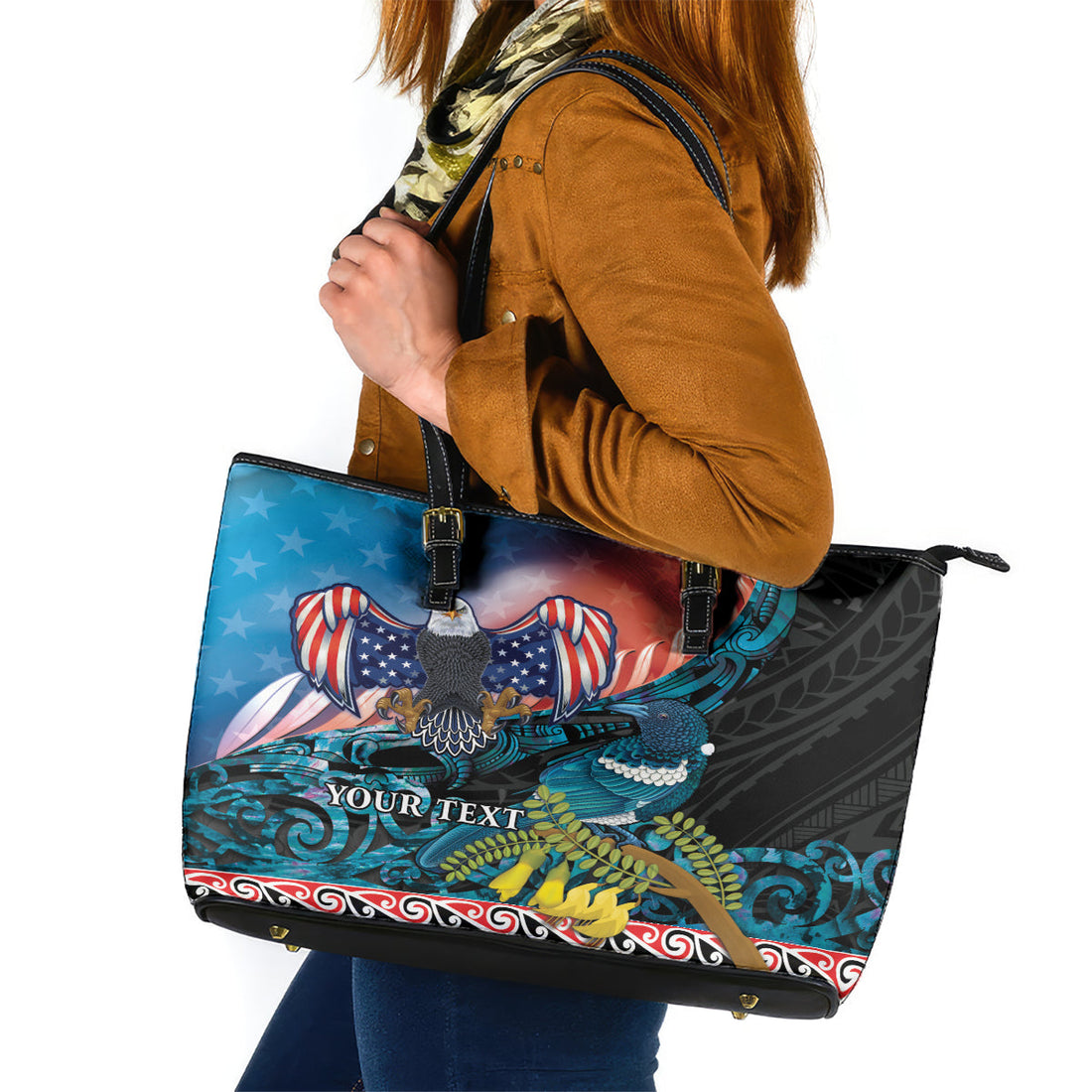 Personalised United States And New Zealand Leather Tote Bag USA Eagle With Kowhai Aotearoa Tui Bird LT14