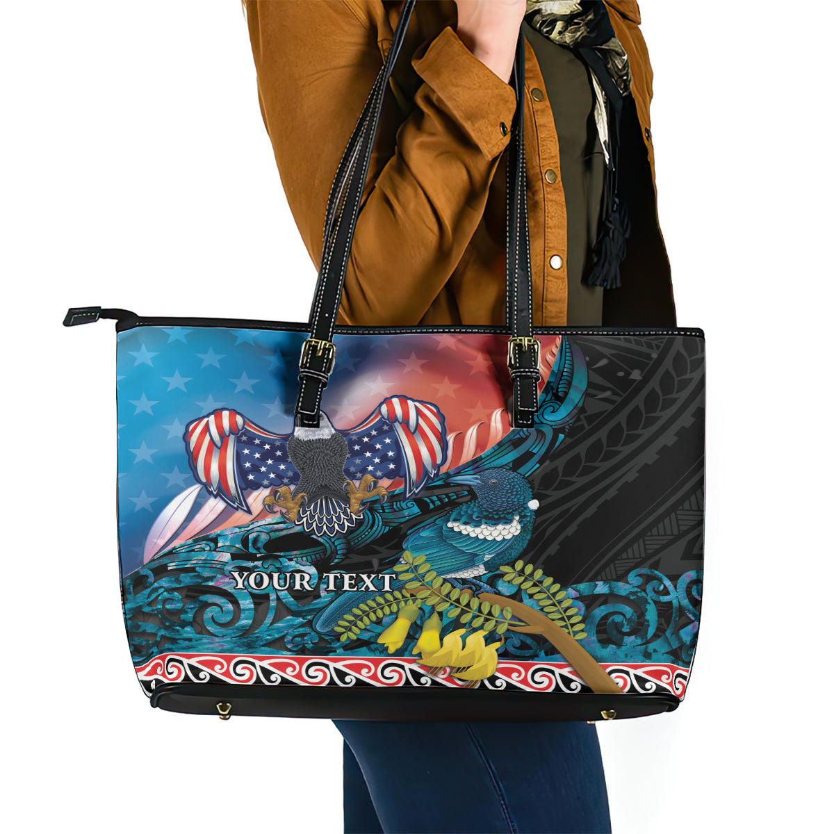 Personalised United States And New Zealand Leather Tote Bag USA Eagle With Kowhai Aotearoa Tui Bird LT14