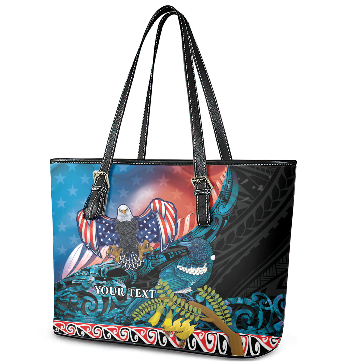 Personalised United States And New Zealand Leather Tote Bag USA Eagle With Kowhai Aotearoa Tui Bird LT14