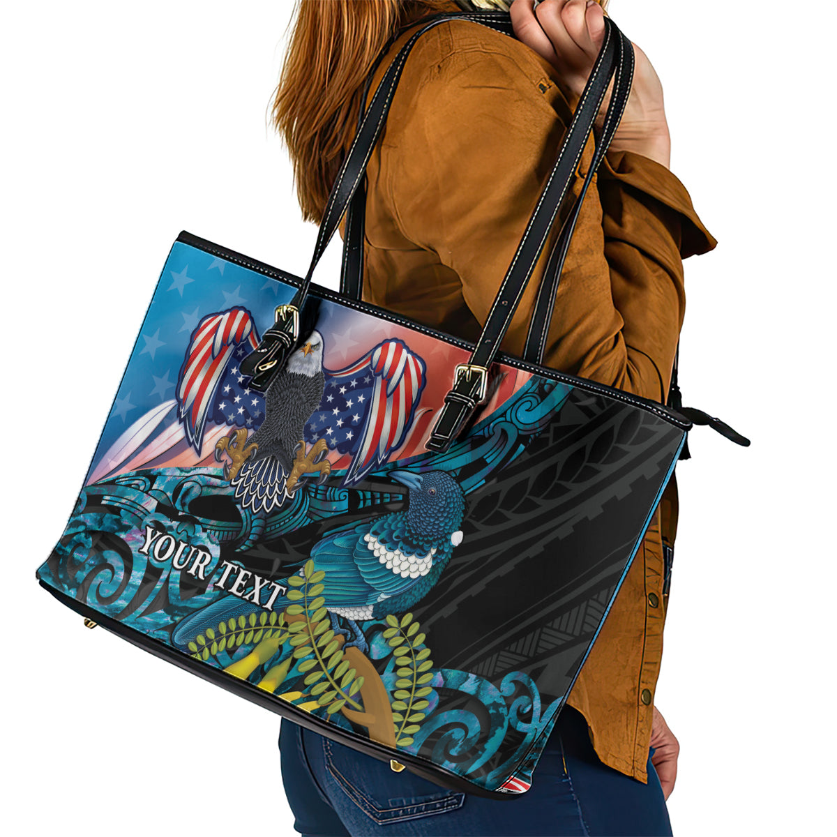 Personalised United States And New Zealand Leather Tote Bag USA Eagle With Kowhai Aotearoa Tui Bird LT14