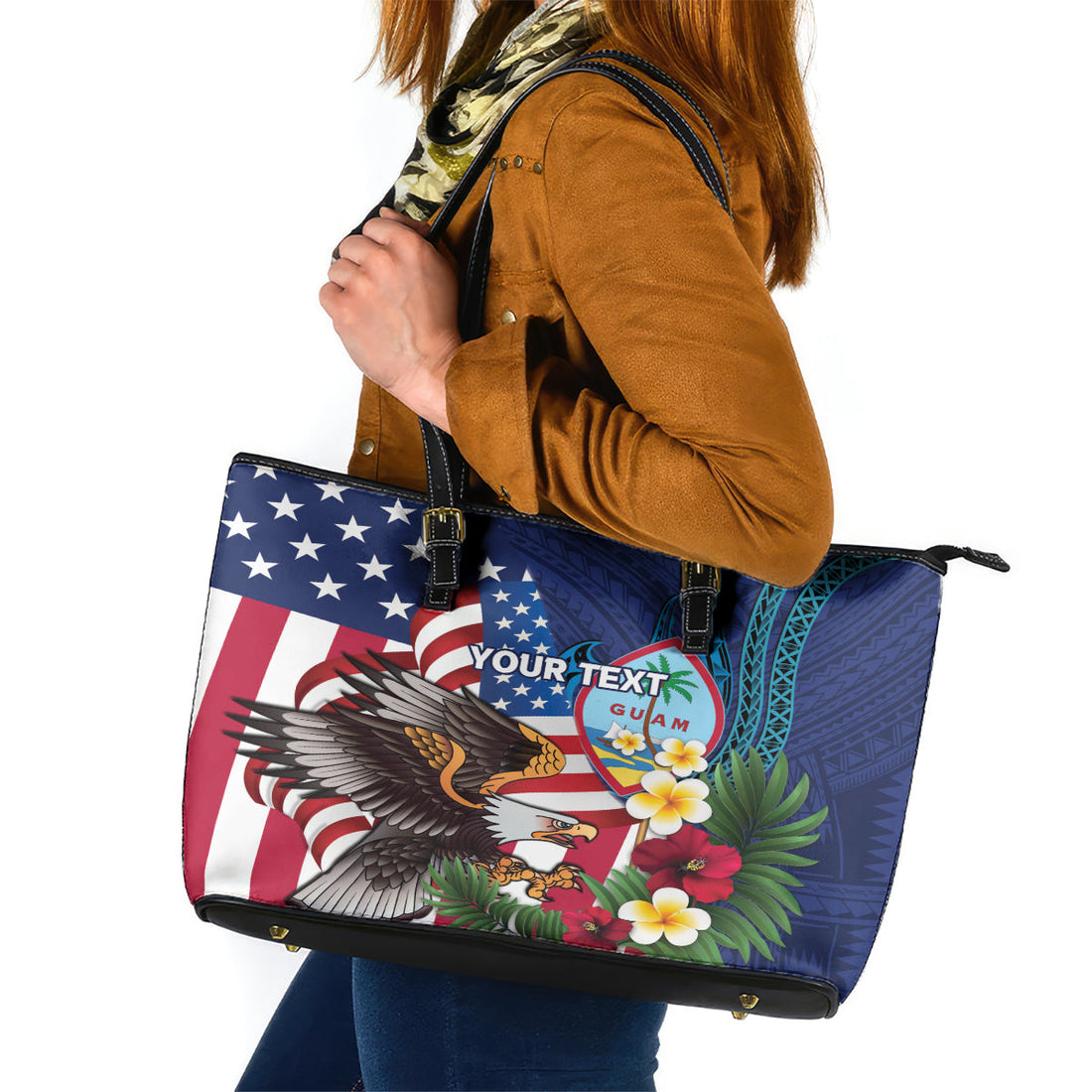 Personalised United States And Guam Leather Tote Bag USA Eagle With Guahan Seal Tropical Vibes LT14