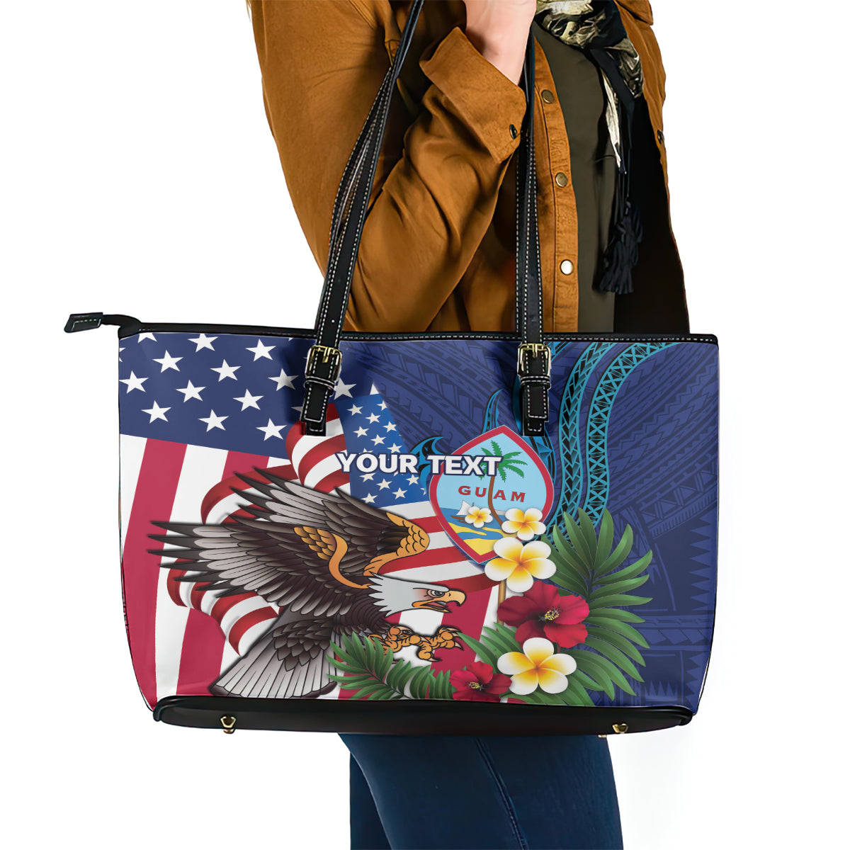 Personalised United States And Guam Leather Tote Bag USA Eagle With Guahan Seal Tropical Vibes LT14