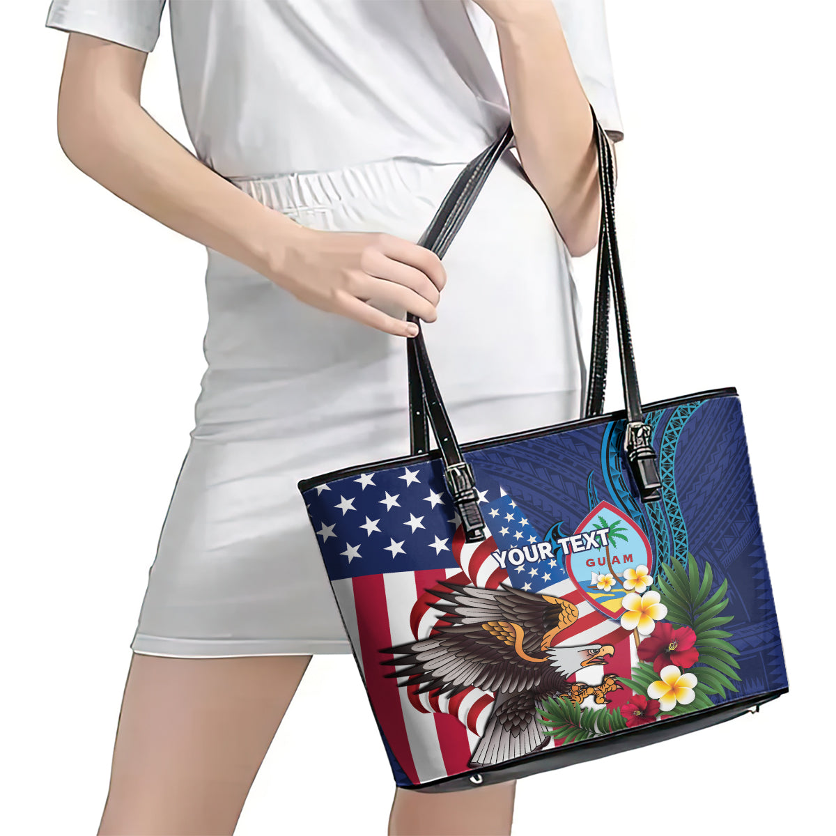 Personalised United States And Guam Leather Tote Bag USA Eagle With Guahan Seal Tropical Vibes LT14