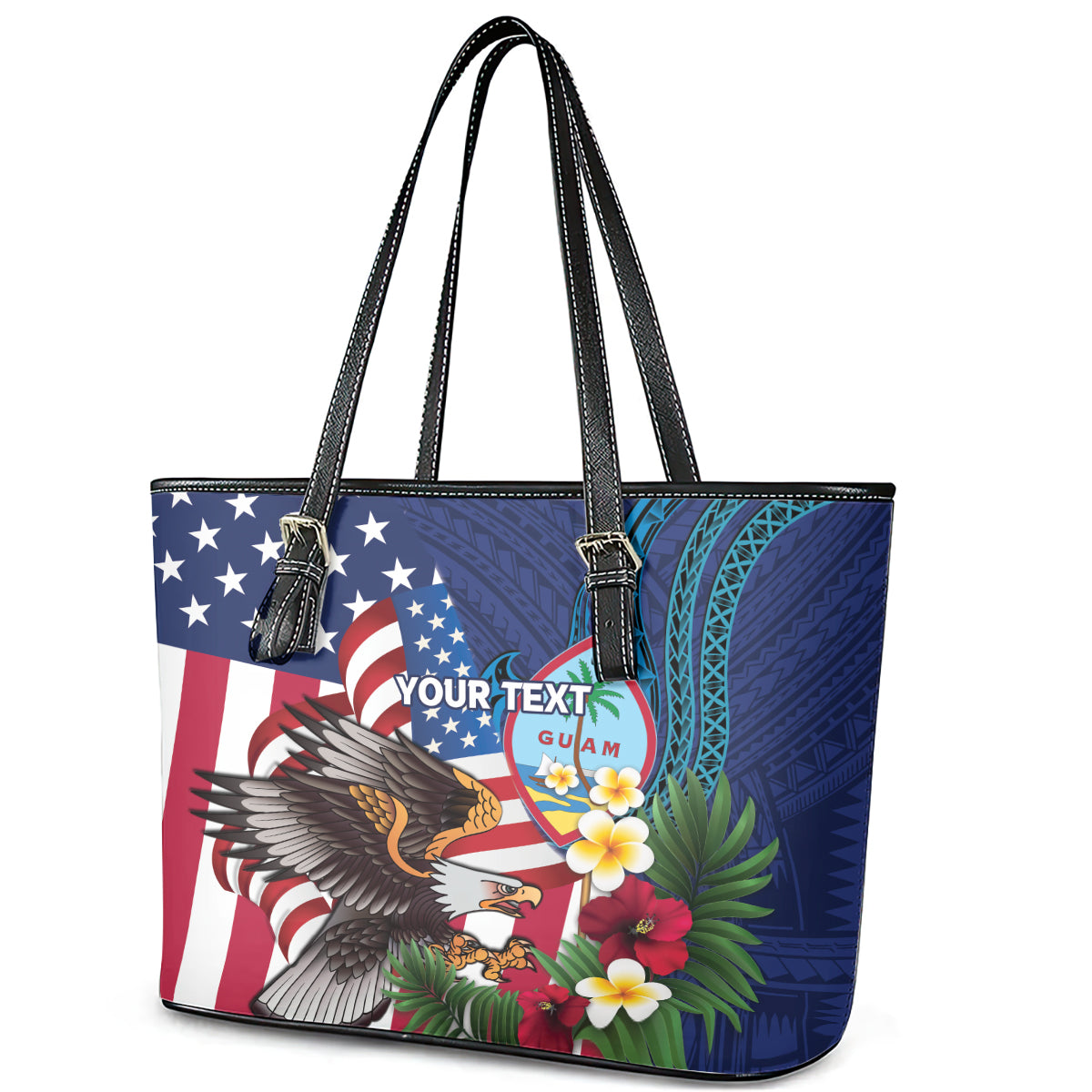 Personalised United States And Guam Leather Tote Bag USA Eagle With Guahan Seal Tropical Vibes LT14