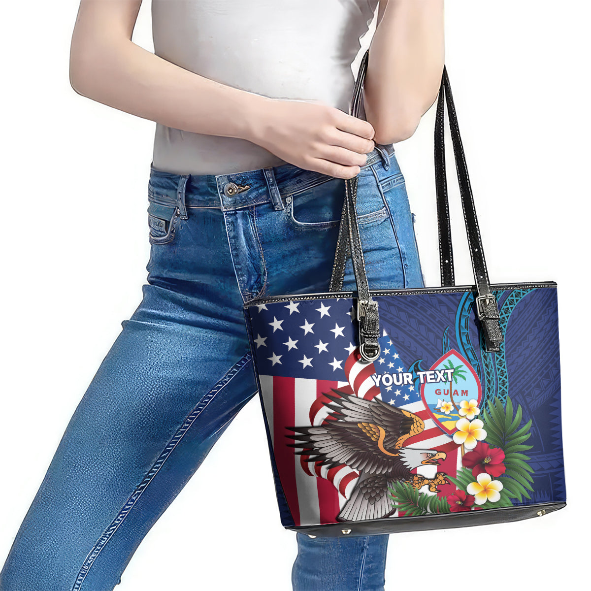 Personalised United States And Guam Leather Tote Bag USA Eagle With Guahan Seal Tropical Vibes LT14