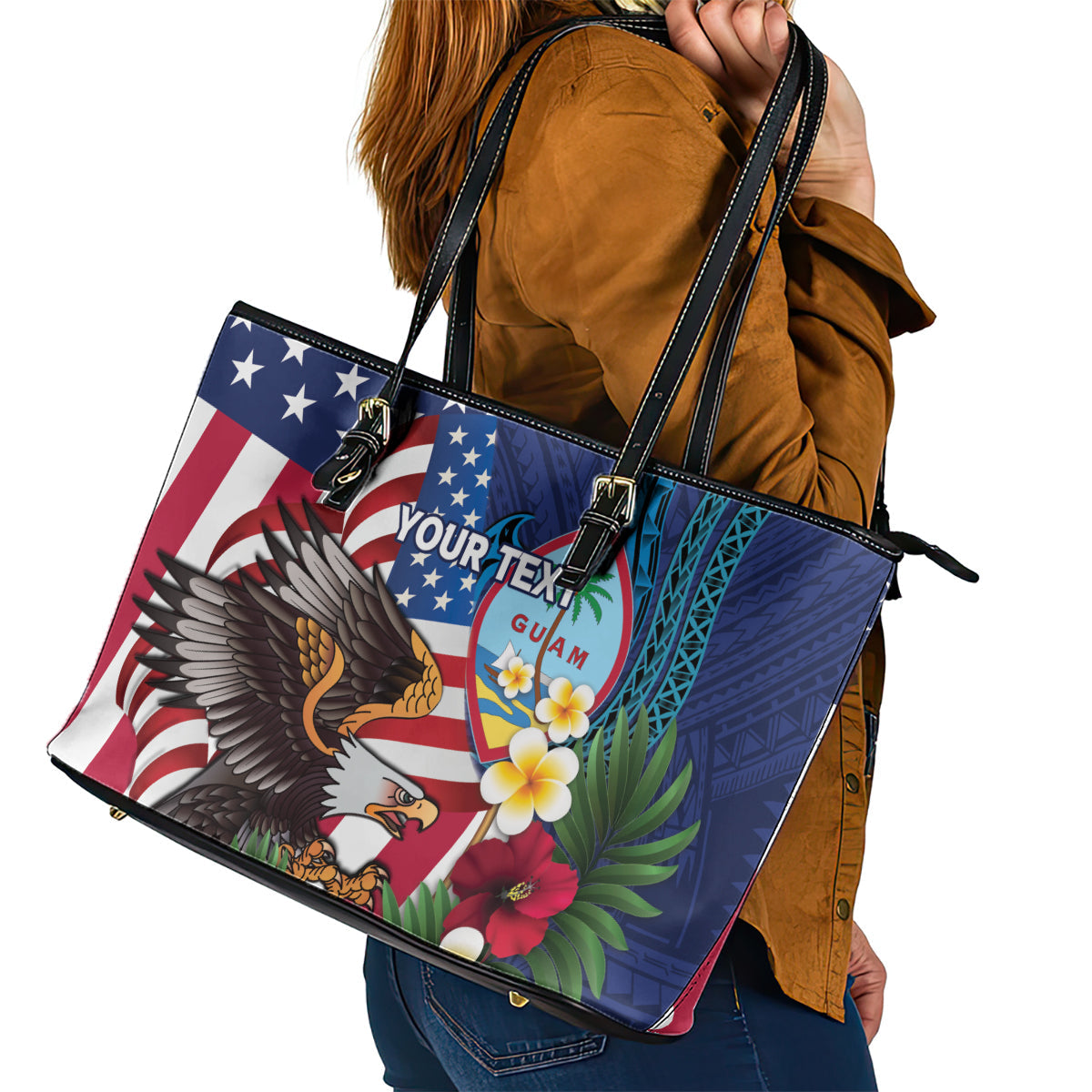 Personalised United States And Guam Leather Tote Bag USA Eagle With Guahan Seal Tropical Vibes LT14