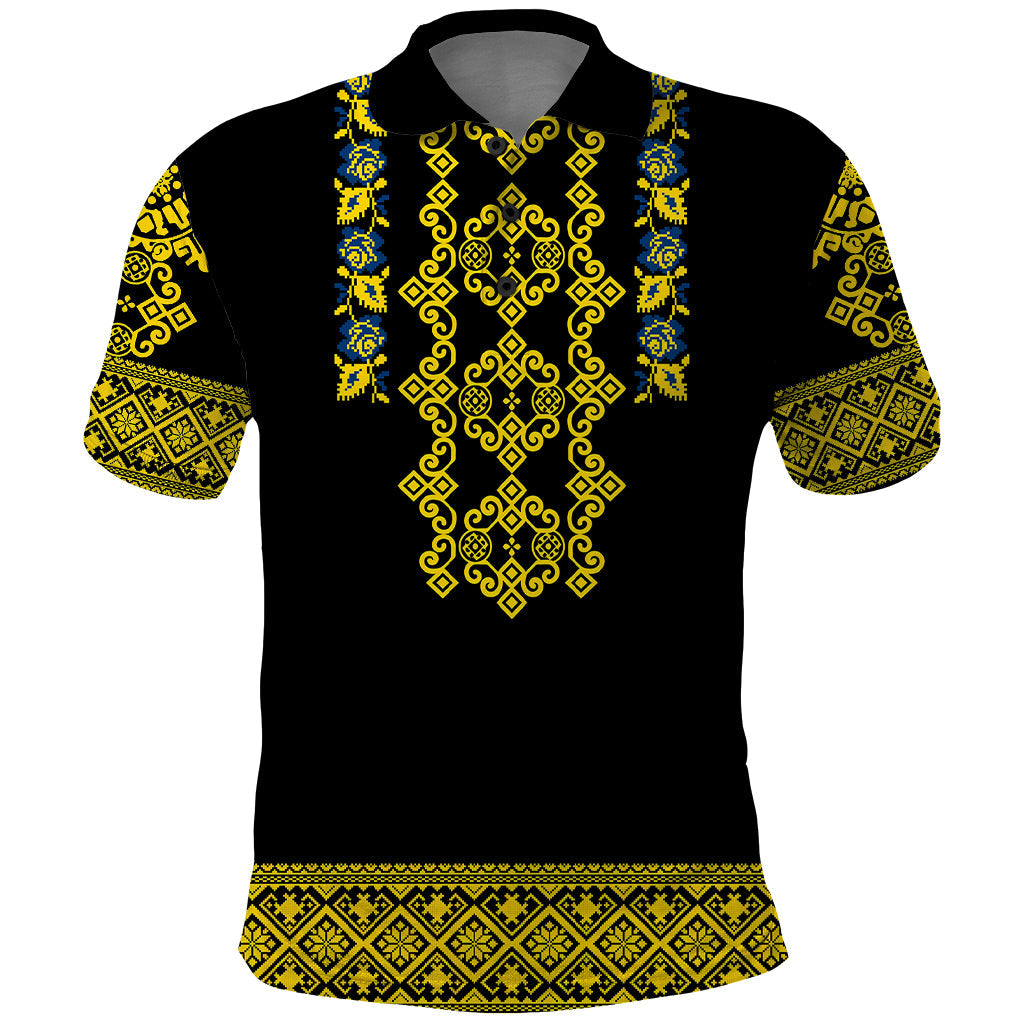 Personalised Ukraine Polo Shirt Black Ukrainian Folk Pattern LT14
