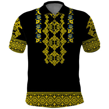Personalised Ukraine Polo Shirt Black Ukrainian Folk Pattern LT14