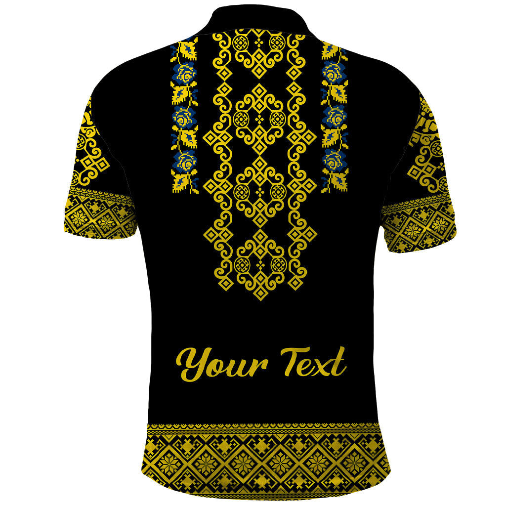 Personalised Ukraine Polo Shirt Black Ukrainian Folk Pattern LT14