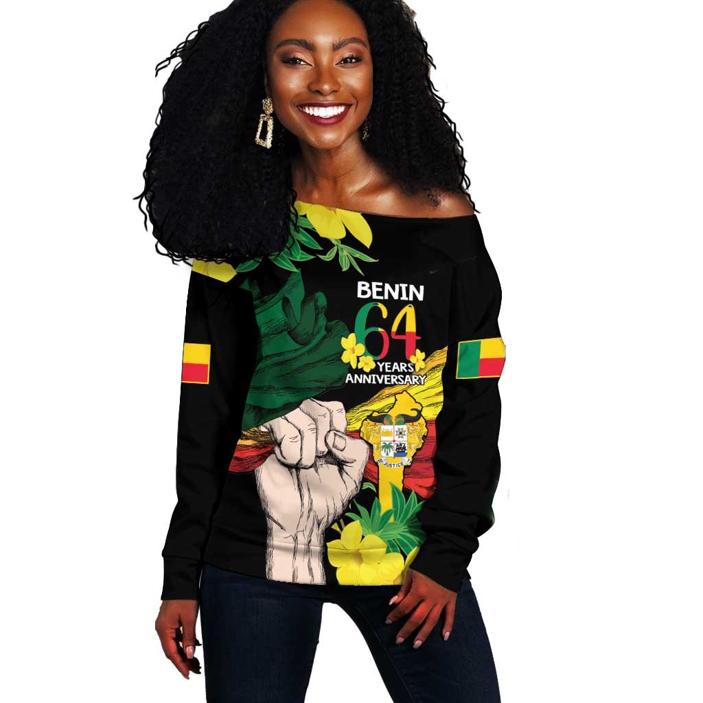 Benin National Day Off Shoulder Sweater Happy 64th Independence Anniversary Yellow Allamanda LT14