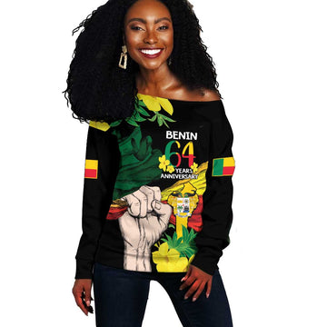 Benin National Day Off Shoulder Sweater Happy 64th Independence Anniversary Yellow Allamanda LT14