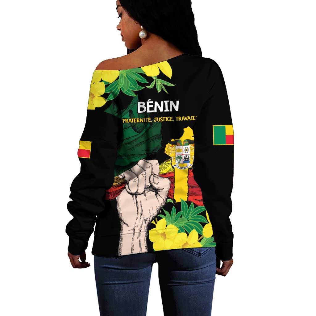 Benin National Day Off Shoulder Sweater Happy 64th Independence Anniversary Yellow Allamanda LT14