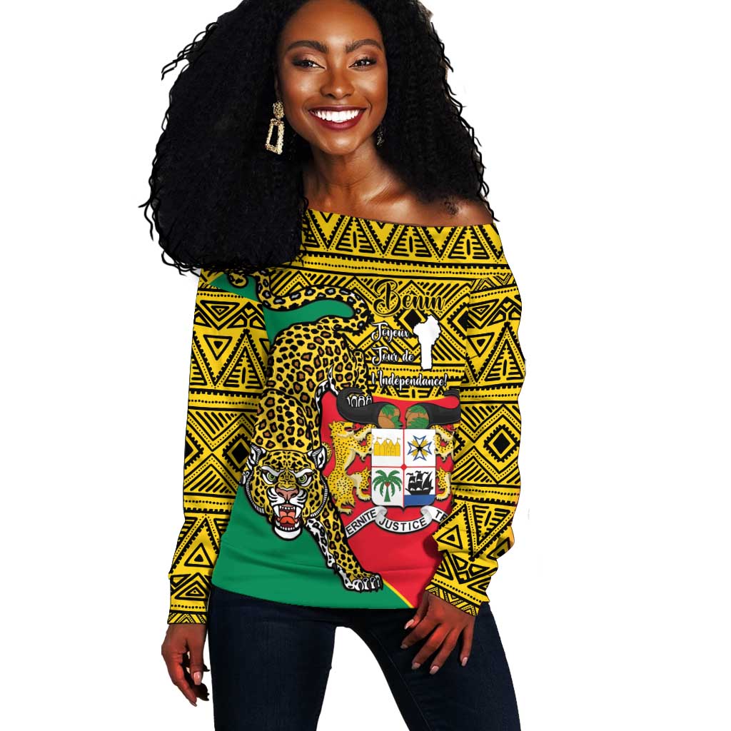 Personalised Benin National Day Off Shoulder Sweater Coat Of Arms With Leopard African Pattern LT14