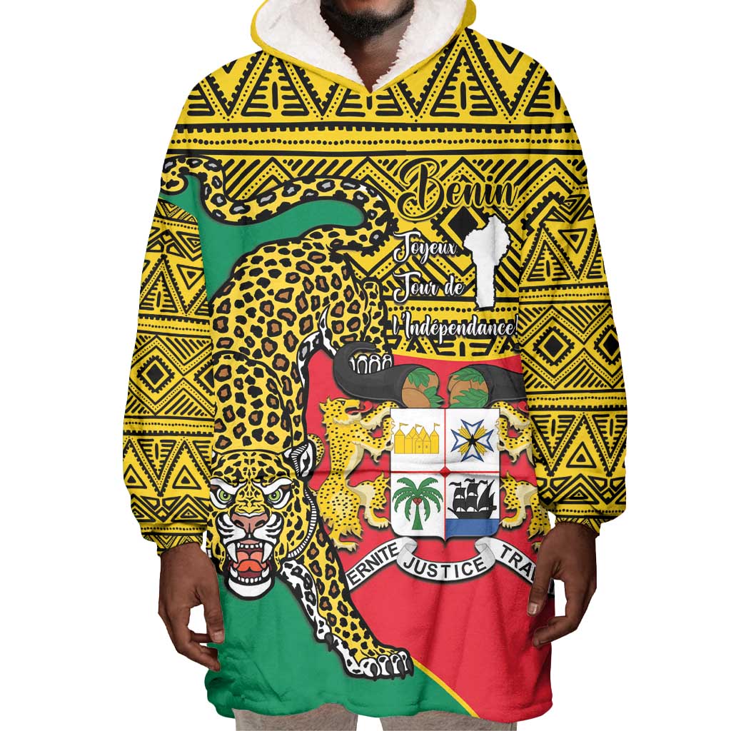 Personalised Benin National Day Wearable Blanket Hoodie Coat Of Arms With Leopard African Pattern LT14