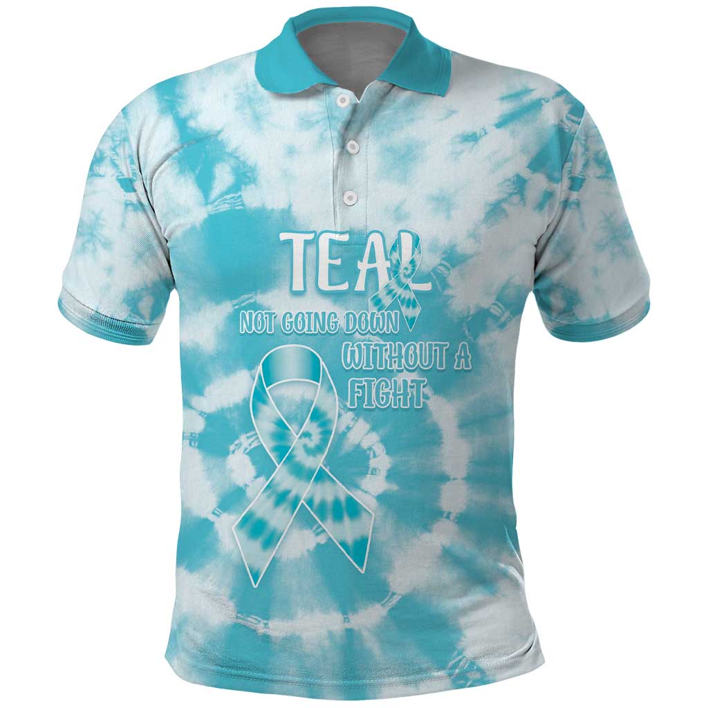Teal Ribbon Cervical Cancer Awareness Polo Shirt Not Going Down Without A Fight Tie Dye LT14