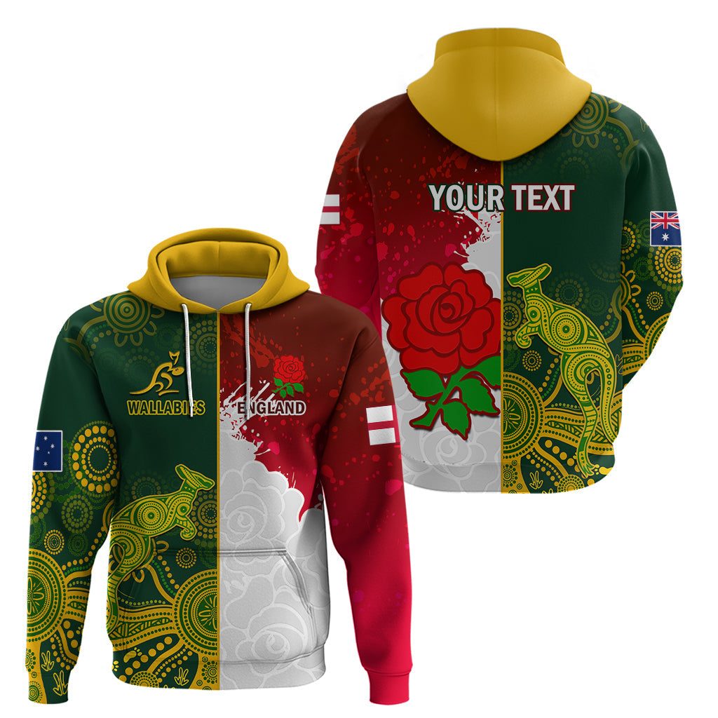 Personalised Australia And England Rugby Hoodie Indigenous Wallabies With Red Roses Sporty Version LT14