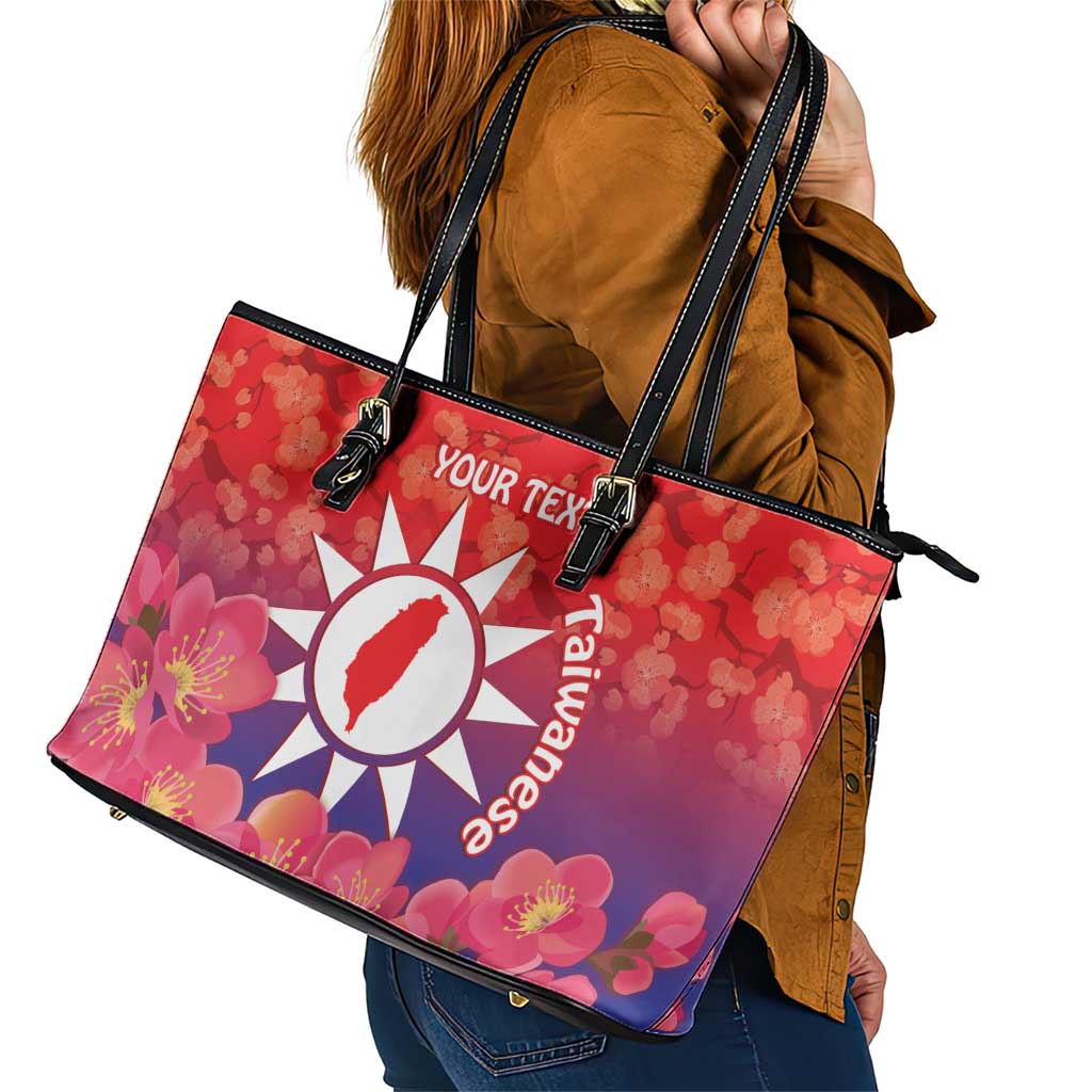Personalised Taiwan Leather Tote Bag Taiwanese Map Mix Prunus Mume Blossoms LT14