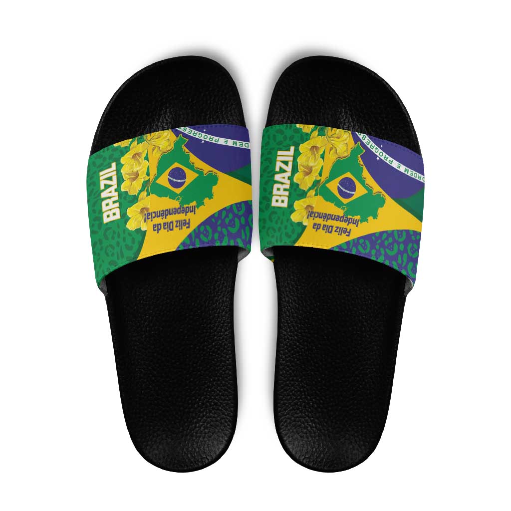 Brazil Independence Day Slide Sandals Ordem e Progresso Map With Golden Trumpet LT14