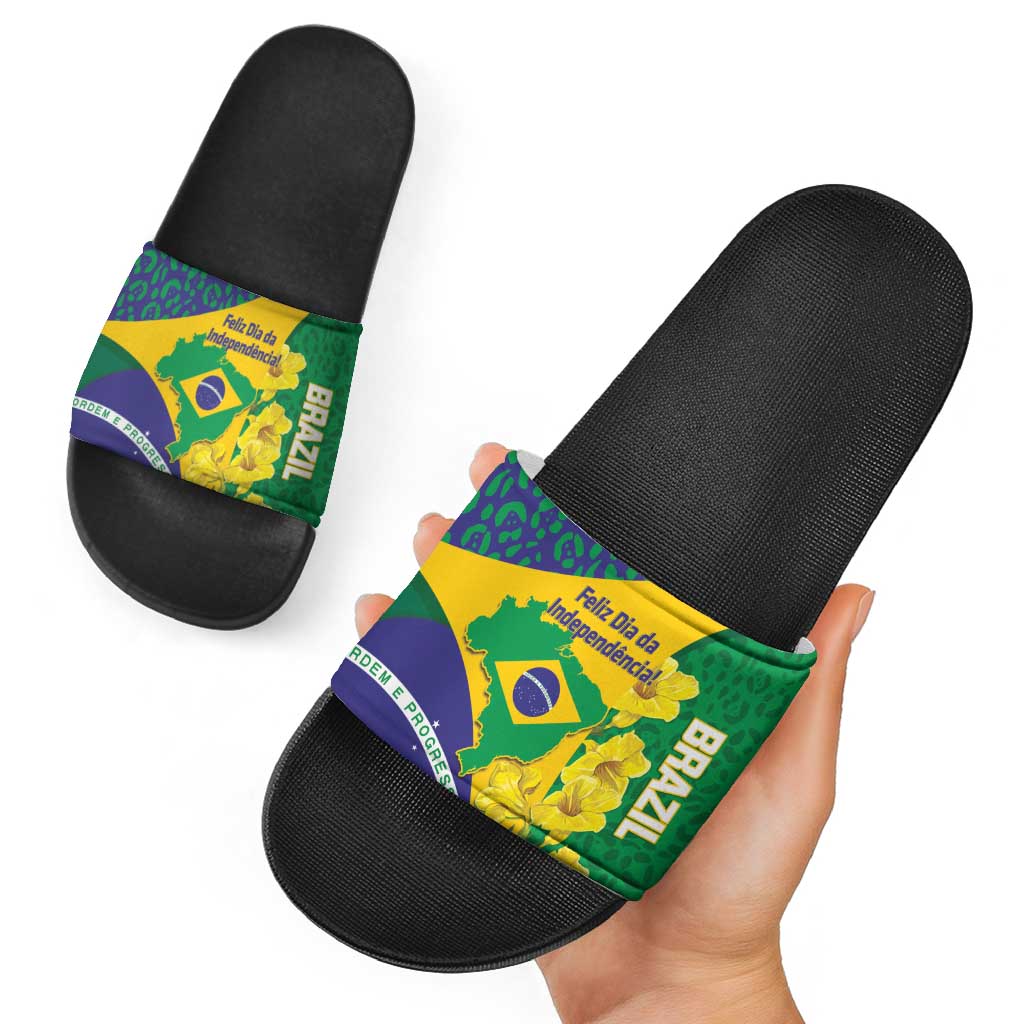 Brazil Independence Day Slide Sandals Ordem e Progresso Map With Golden Trumpet LT14