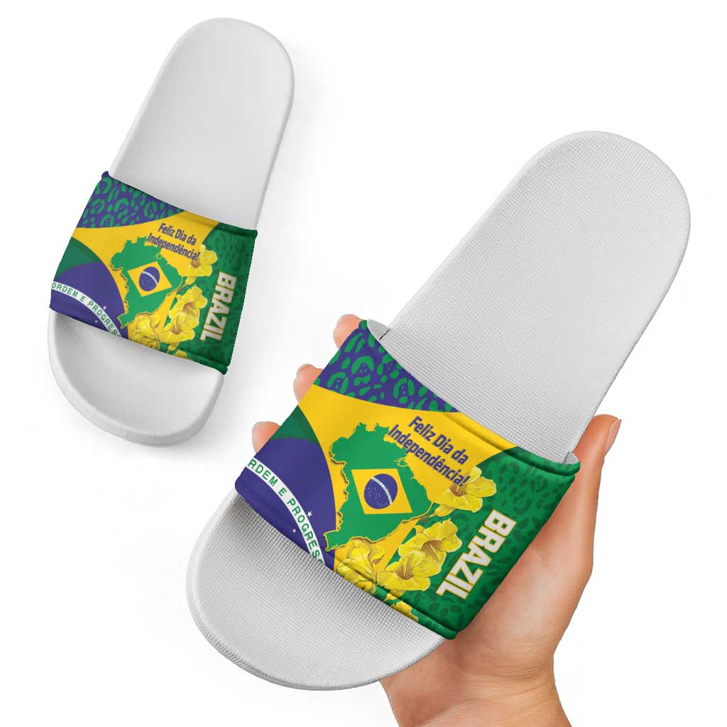 Brazil Independence Day Slide Sandals Ordem e Progresso Map With Golden Trumpet LT14