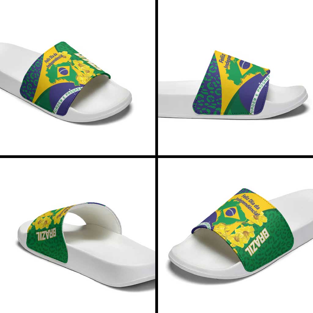 Brazil Independence Day Slide Sandals Ordem e Progresso Map With Golden Trumpet LT14