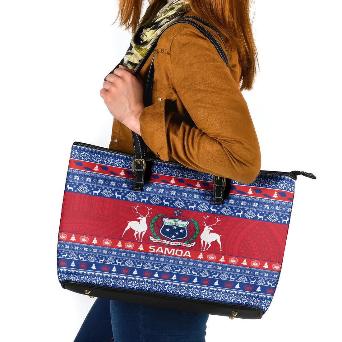 Personalised Samoa Christmas Leather Tote Bag Samoan Coat Of Arms Manuia Le Kirisimas LT14