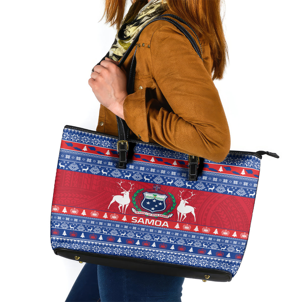Personalised Samoa Christmas Leather Tote Bag Samoan Coat Of Arms Manuia Le Kirisimas LT14