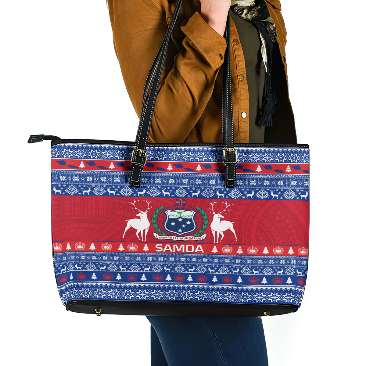 Personalised Samoa Christmas Leather Tote Bag Samoan Coat Of Arms Manuia Le Kirisimas LT14