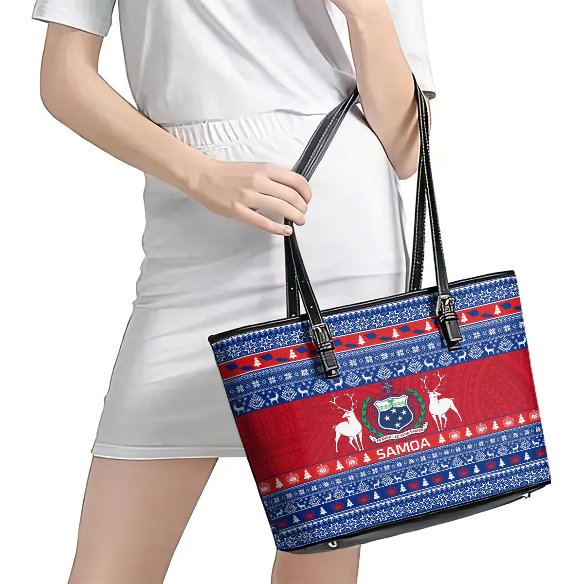 Personalised Samoa Christmas Leather Tote Bag Samoan Coat Of Arms Manuia Le Kirisimas LT14