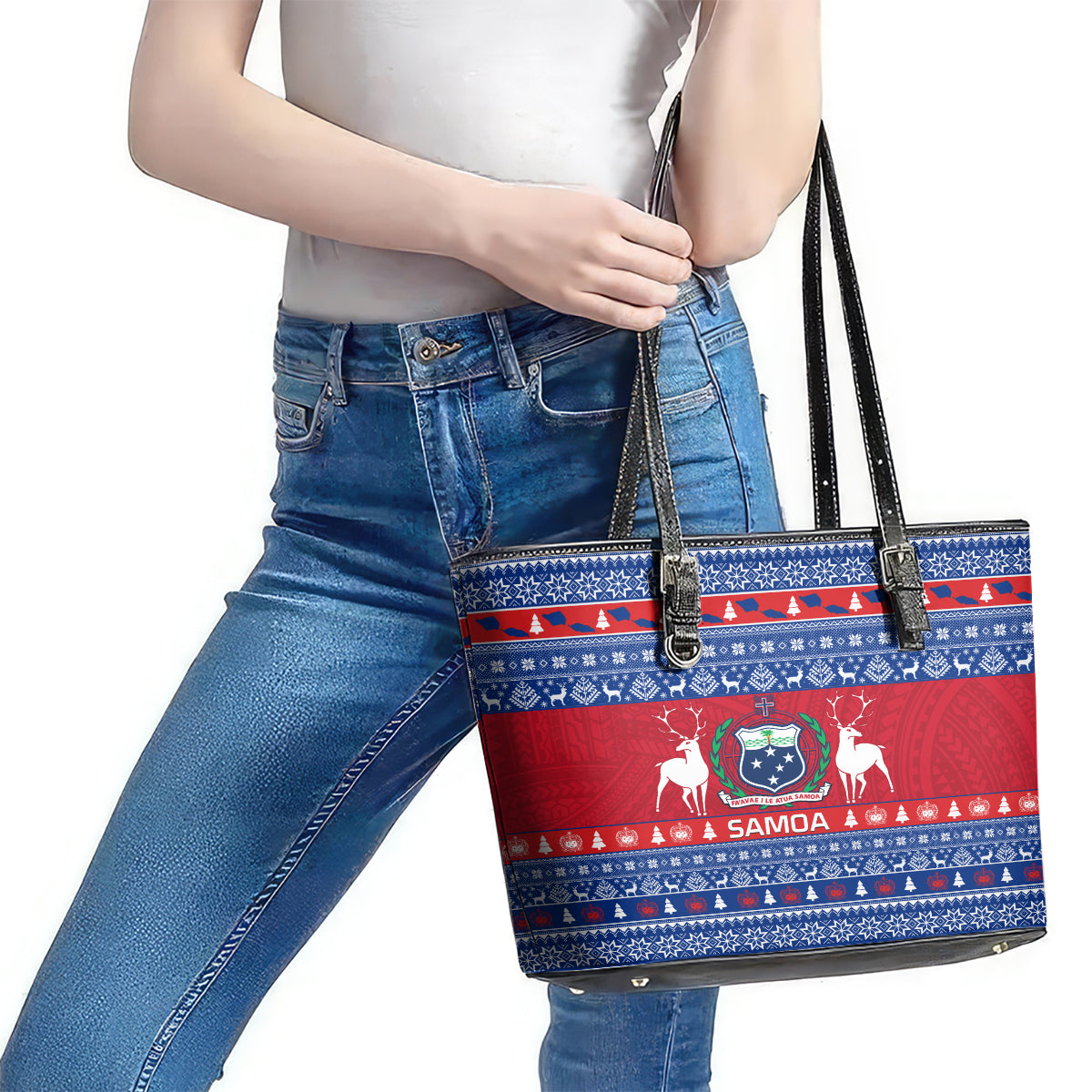 Personalised Samoa Christmas Leather Tote Bag Samoan Coat Of Arms Manuia Le Kirisimas LT14