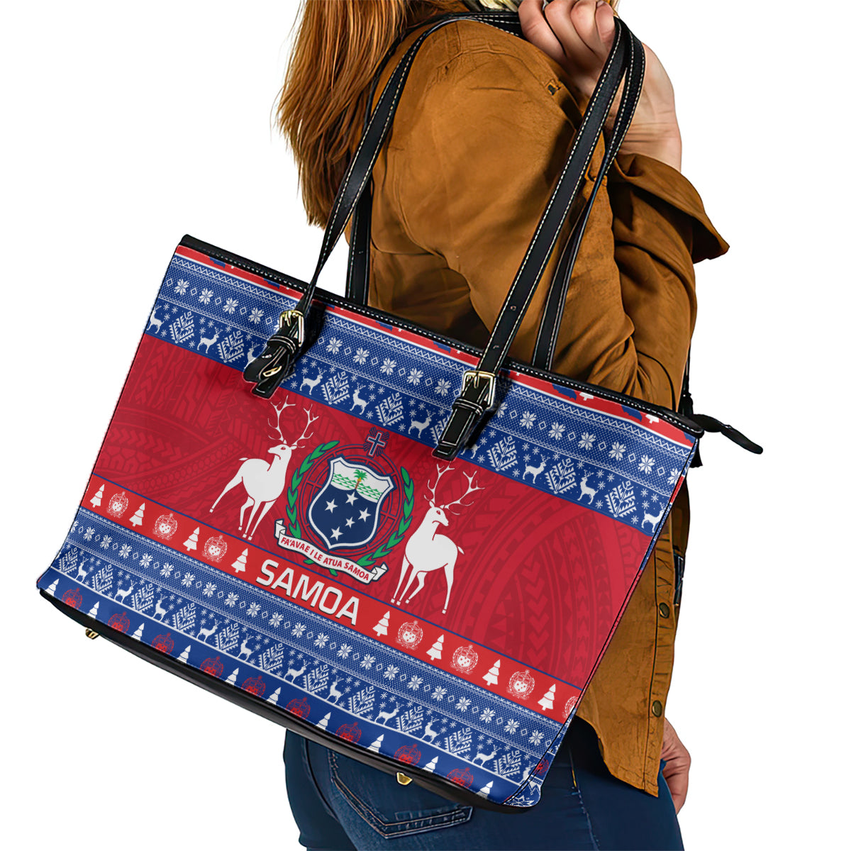 Personalised Samoa Christmas Leather Tote Bag Samoan Coat Of Arms Manuia Le Kirisimas LT14